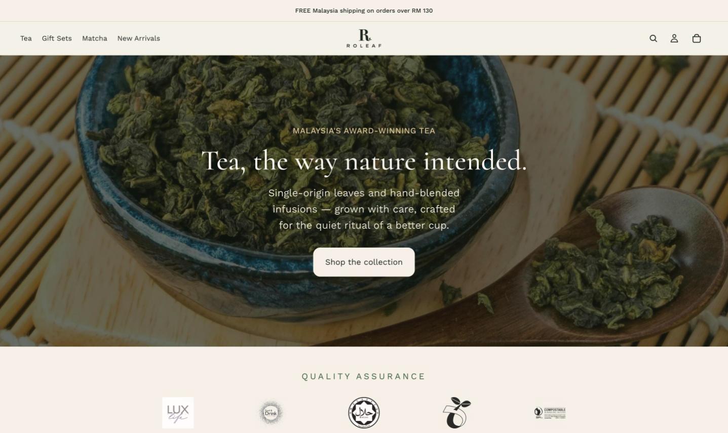 Roleaf homepage — “Tea, the way nature intended”