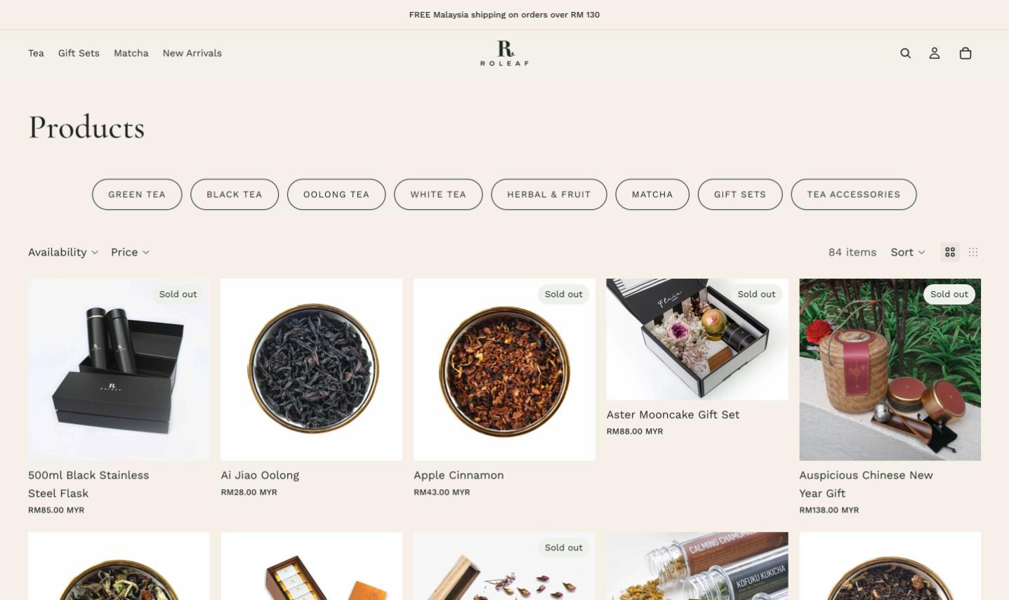 Roleaf product catalogue with category and price filters