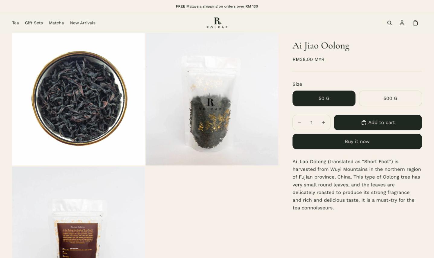 Roleaf product page with size options and add to cart